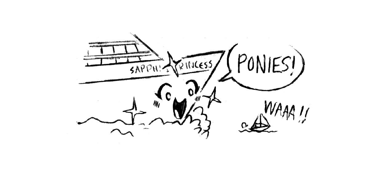 a cruise ship named Sapphire Princess with a cute face chasing down a screaming sailboat while yelling Ponies!