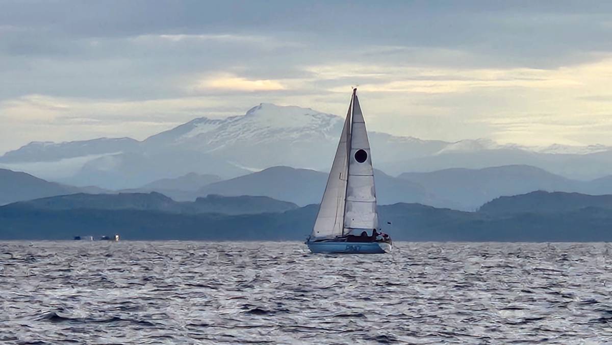 pino sailing in queen charlotte strait, beautiful snowcapped mountains are in the background