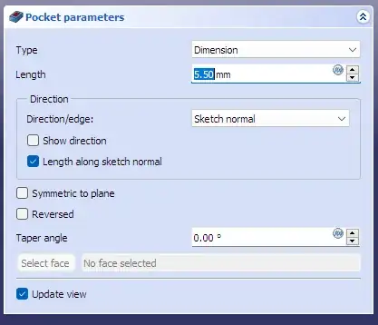 Screenshot of FreeCAD's Pocket parameters dialog box with a 'Length' of 5.5 mm Screenshot of FreeCAD's Pocket parameters dialog box with a 'Length' of 5.5 mm