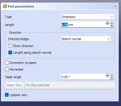 Screenshot of FreeCAD's Pad parameters dialog box with a 'Length' of 6.5 mm Screenshot of FreeCAD's Pad parameters dialog box with a 'Length' of 6.5 mm