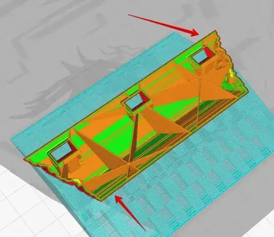 Another Cura preview further into the print with arrows indicating problem areas Another Cura preview further into the print with arrows indicating problem areas