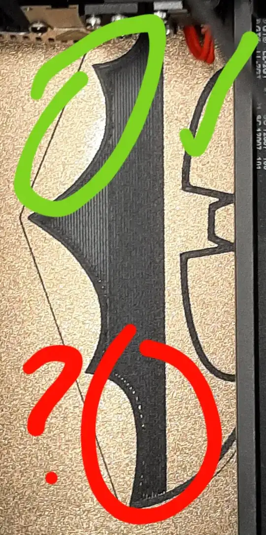 Photo of first few layers with good printing highlighted in green and print errors in red Photo of first few layers with good printing highlighted in green and print errors in red