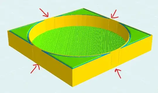 Screenshot of a sliced model with unknown artifacts at the tangent edges of the circle and square sides Screenshot of a sliced model with unknown artifacts at the tangent edges of the circle and square sides