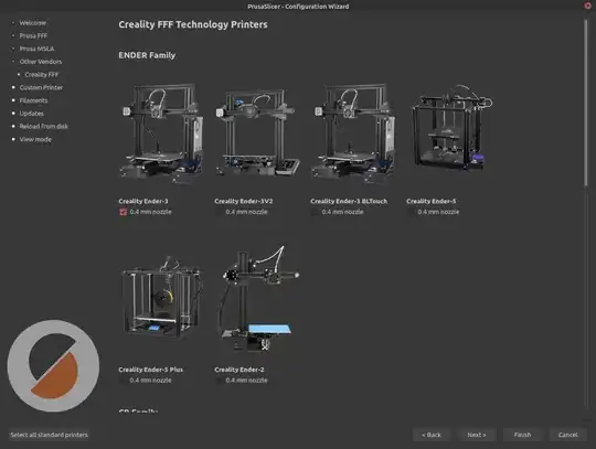 PrusaSlicer Creality printer selection screen