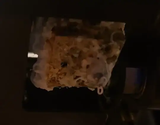 Photo of the printer head from below showing filament and residue