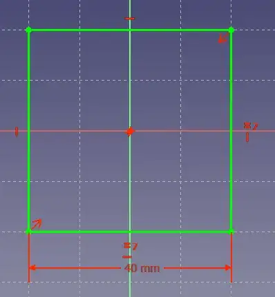 Screenshot of FreeCAD showing a 40x40 mm square Screenshot of FreeCAD showing a 40x40 mm square
