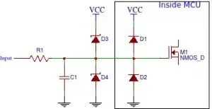 Circuit diagram showing protection diodes for AVR input