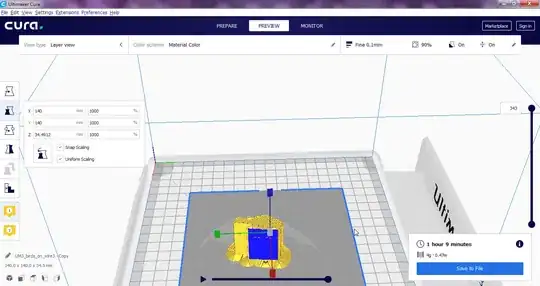 The 3D printing preview of model in Cura