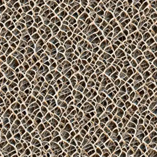 Version of the provided texture recreated and extended by a learned Neural Cellular Automata (NCA) model. That original texture resembles sun-bleached tree roots, thickly interwined and laced together with cobwebs tightly strung between many of them. This reproduction lacks some high quality details such as small twigs in the cobwebs, but overall faithfully reproduces arcs and twists of the original branches.