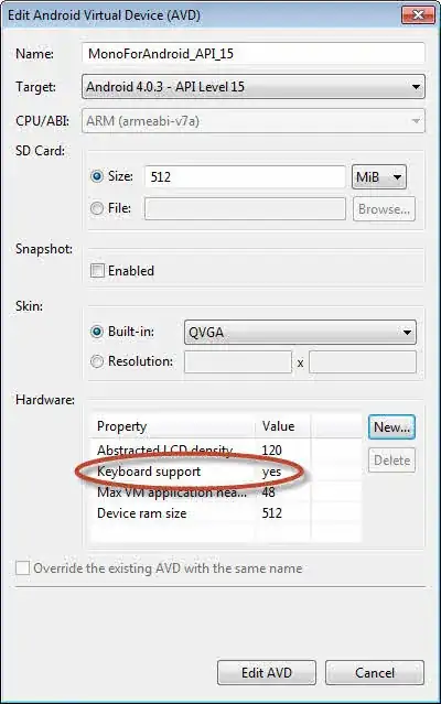 Screenshot of "Edit Android Virtual Device" window