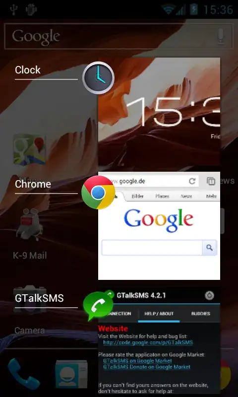 Recent Apps List showing Chrome, Clock and GTalkSMS