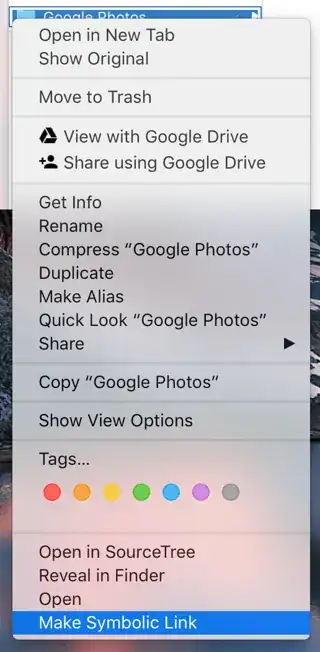 A context menu for a symbolic link, with "Make Symbolic Link" hilighted
