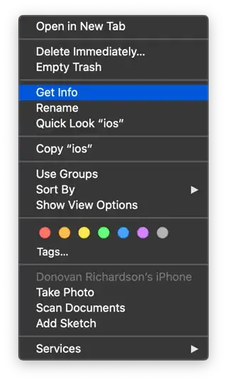 The options when I right-click a folder in my Trash