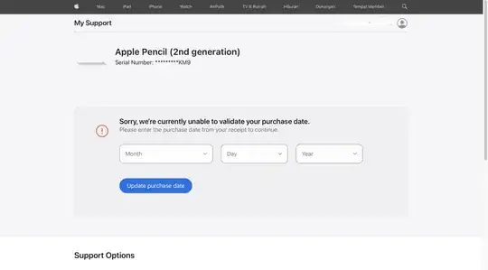 Screenshot of Apple's Support site showing an error message about not being able to validate the purchase date