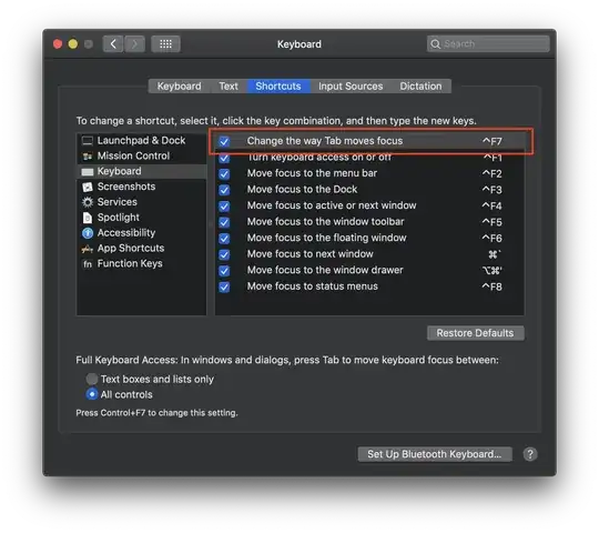 Keyboard -> Shortcuts preferences with 'Change the way Tab moves focus' option highlighted