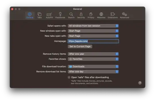 Safari Settings, General tab
