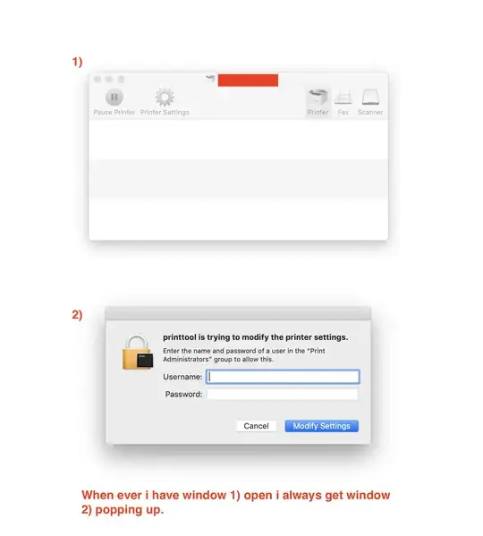 screenshot of print window and popup requiring admin user