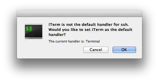 Screenshot of iTerm2 asking for confirmation to set itself up as the default SSH handler