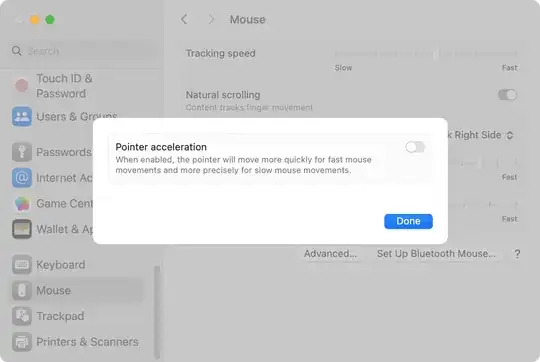 A screenshot of the advanced settings dialogue, showing the pointer acceleration toggle.