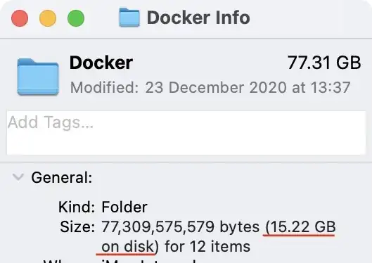 Docker Get Info in Finder showing size on disk