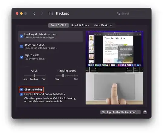 Image of Trackpad System Preferences panel with option "Silent clicking" selected