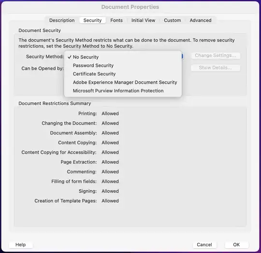 screenshot of the Document Properties -> Security pane