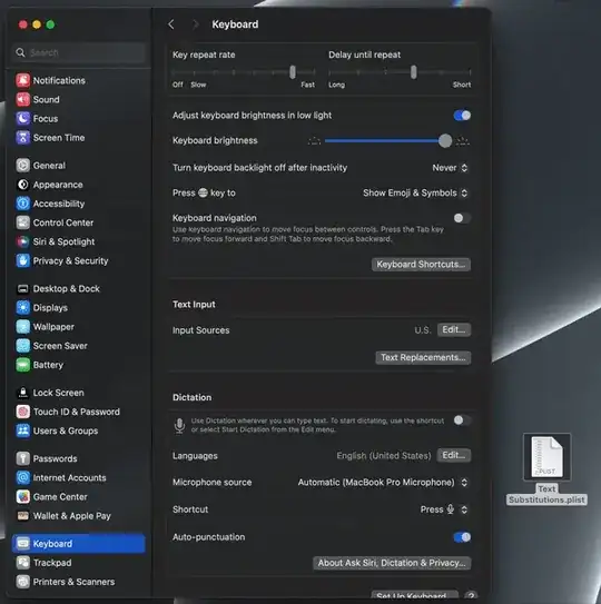 Animated GIF showing how to add the Text Subsitutions.plist file to the Text Replacements window