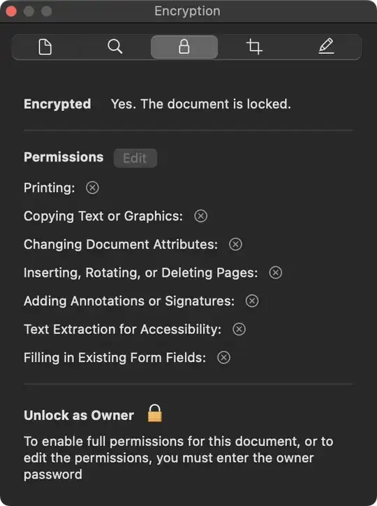 Preview's Encryption Inspector showing all permissions denied.