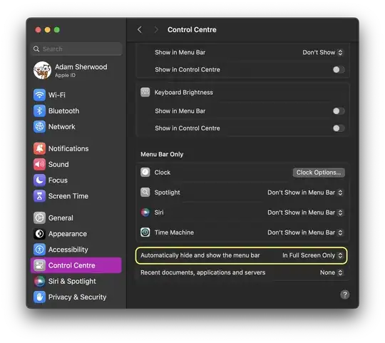 Screenshot of the Control Centre settings for 'Menu Bar Only' showing the 'Automatically hide and show the menu bar' option set to 'In Full Screen Only'