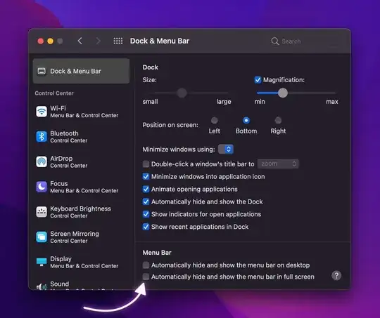Here's a screenshot showing off the "Dock & Menu Bar" panel of System Preferences in macOS Monterrey, with the "Dock & Menu Bar" section selected, and an arrow pointing at a checkbox labelled "Automatically hide and show the menu bar in full screen".