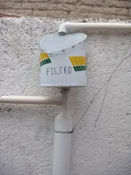 Parras Mexico Daycare RainwaterThe first flush is caught by 4" pipe with a floating ball.