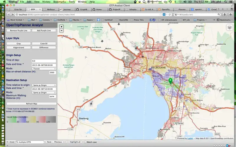 OpenTripPlanner Analyst functionality, showing Travel time maps to Monash University in Sth-East Melbourne.