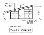 Figure 3 Side view of structure shows sloping roof and door
