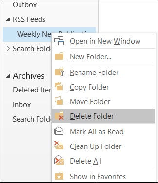 Screenshot of Removing an RSS feed from Outlook