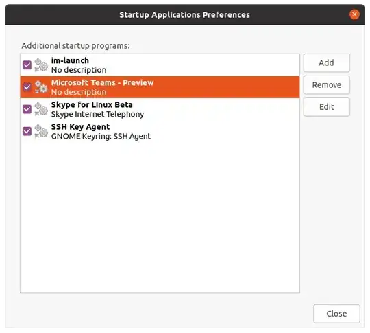 Dialog box for Startup Applications