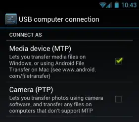 image showing Android USB connection settings