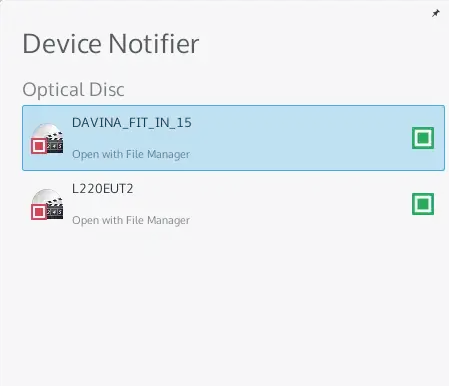 Device Notifier, showing only the option to open DVDs with a File Manager