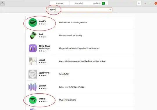 both snap and flatpak displayed with partial name search