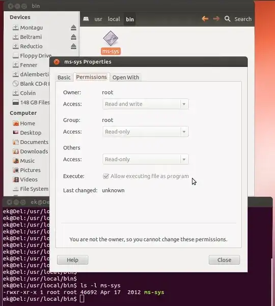 Screenshot showing how to see a file's permissions--including executable permissions--with both Nautilus and ls.
