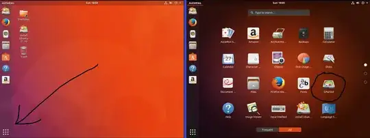 Two screenshots of GNOME 3 with the GNOME Shell in an Ubuntu 17.10 live environment, contributed by Videonauth, placed side by side, with hand-drawn markings added to show where the button is for the *applications panel*, as well as what the GParted icon looks like in the applications panel. Note that this icon is labeled GParted, so it is not necessary to recognize it by the appearance of the icon.
