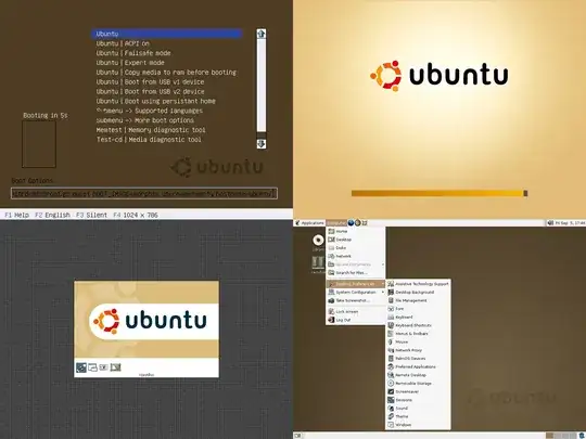Ubuntu 4.10 Warty Warthog live CD boot loader, boot splash, GNOME loading screen, and GNOME desktop