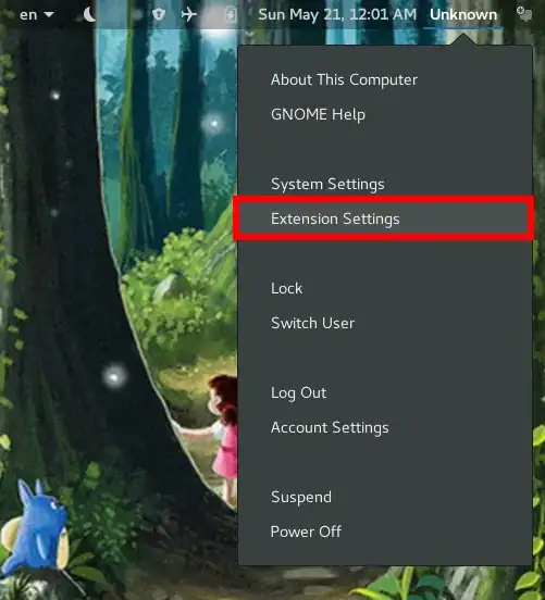 Extension Settings button in menu