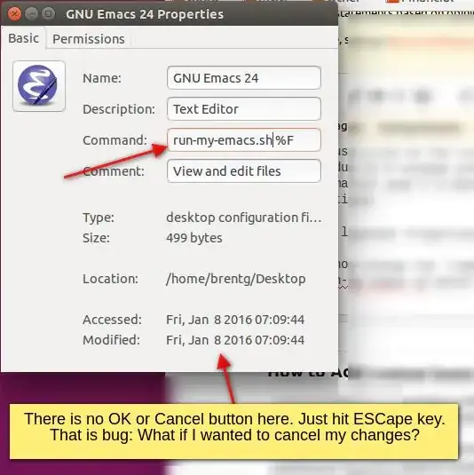 Emacs launcher Properties after changing