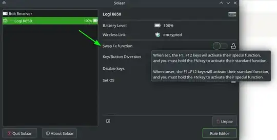 image depicting Solaar window with Logi K650 keyboard options displayed and an arrow pointing to the Swap Fx function option which is turned off