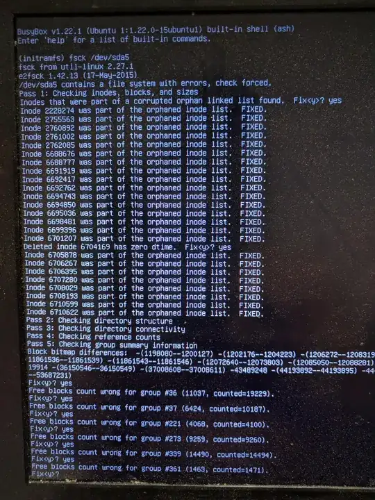 Pic1-Running fsck on Ubuntu partition to fix it after reboot.