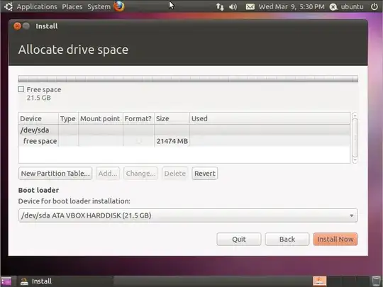 Second "Allocate drive space" window, with the /dev/sda drive selected
