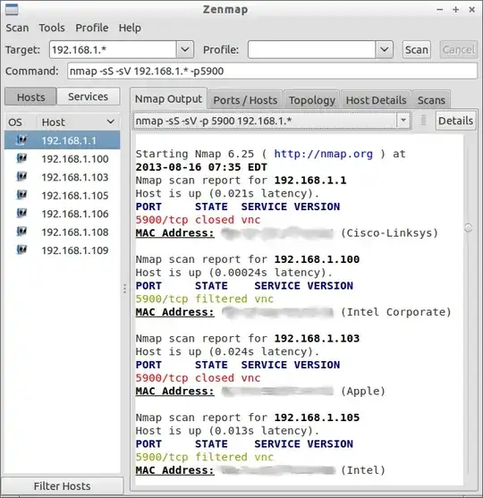 Screenshot of Zenmap, showing a scan like what you may want to perform, with MAC addresses blurred out for privacy reasons.