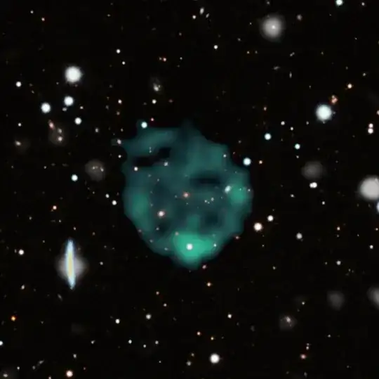 The first ‘Odd Radio Circle’. Radio data are green and the white and coloured data show the optical background from the Dark Energy Survey. image created by Jayanne English from data from EMU and the Dark Energy Survey
