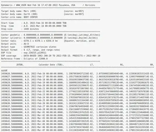 Vector table output for Mars from Earth from JPL Horizons