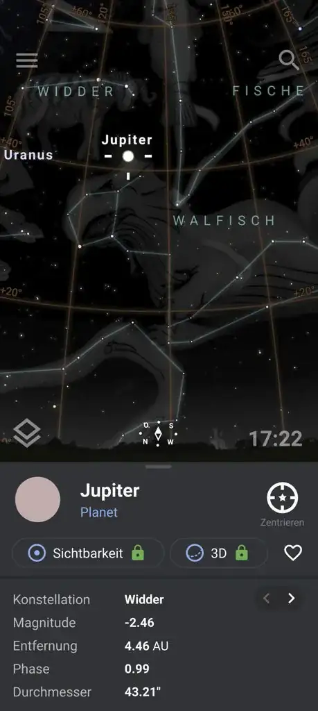 Screenshot of Stellarium showing the same part of the sky, including details of Jupiter